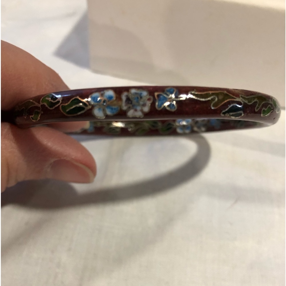 Lovely Vintage Cloisonné Bangle Bracelet. Burgundy with Blue Violets Asian 1970s
